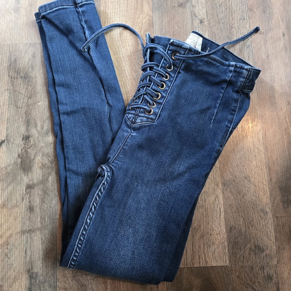 Free People High Rise Lace-Up Blue Jeans